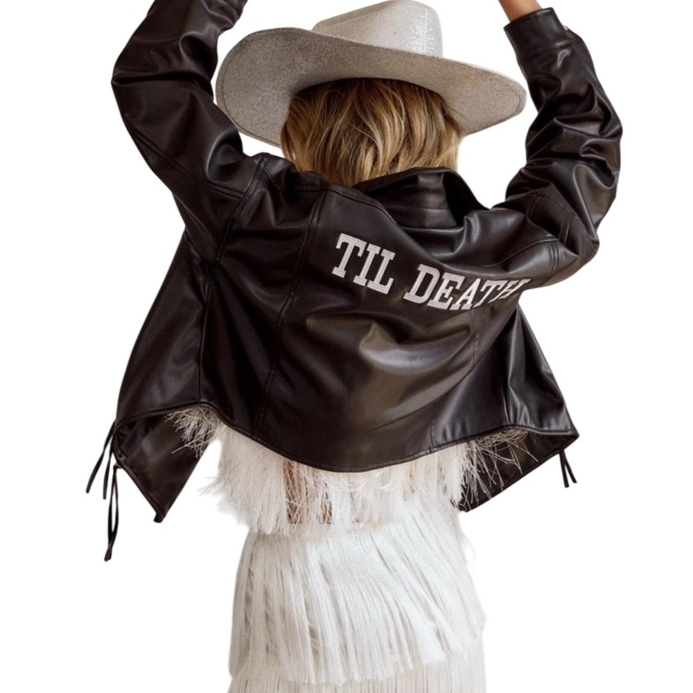 12th Tribe Til Death Black Faux Leather Moto Jacket Womens Small Cropped - Picture 1 of 6